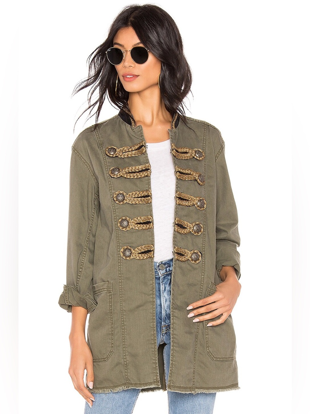Free People Passenger Jacket Moss Green Military Clasp Front Braided Distressed